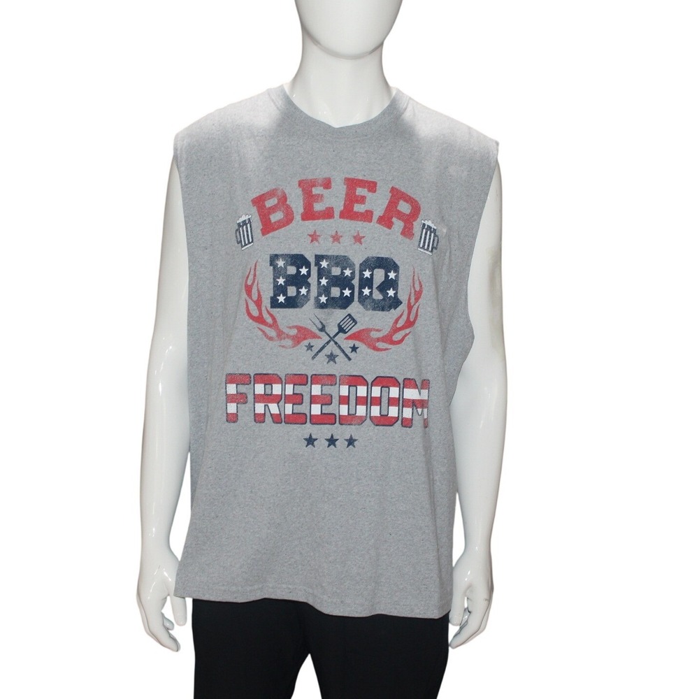 Beer‎ BBQ Freedom Patriotic Graphic Muscle Tee Sleeveless Tank 2XL